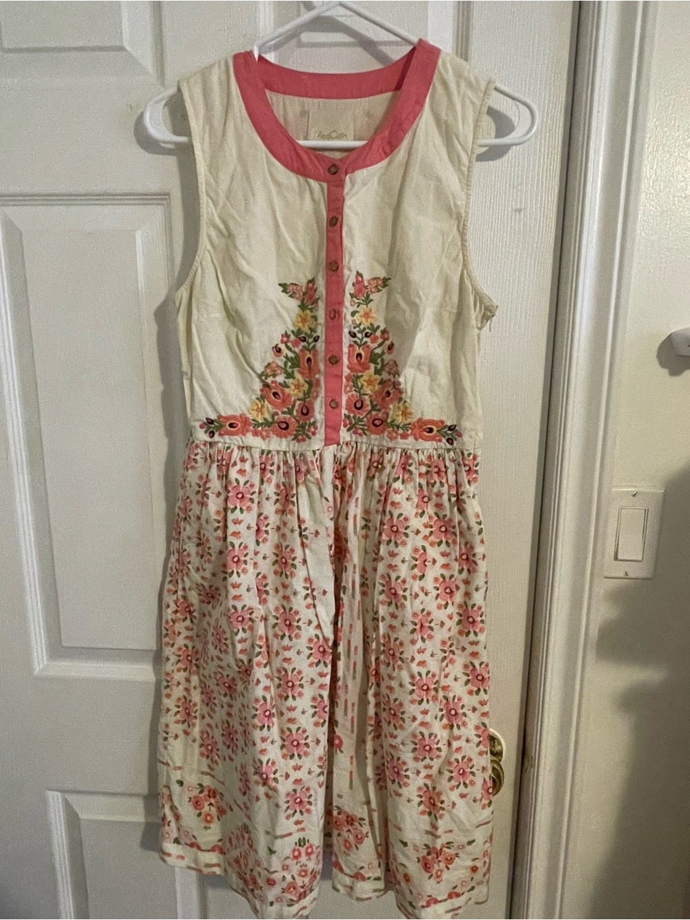 Modcloth Cream Dress with Pink Floral Embroidery